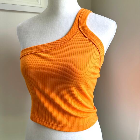 Lioness One Shoulder Cropped Orange Ribbed Tank Small Stretchy - Picture 3 of 6